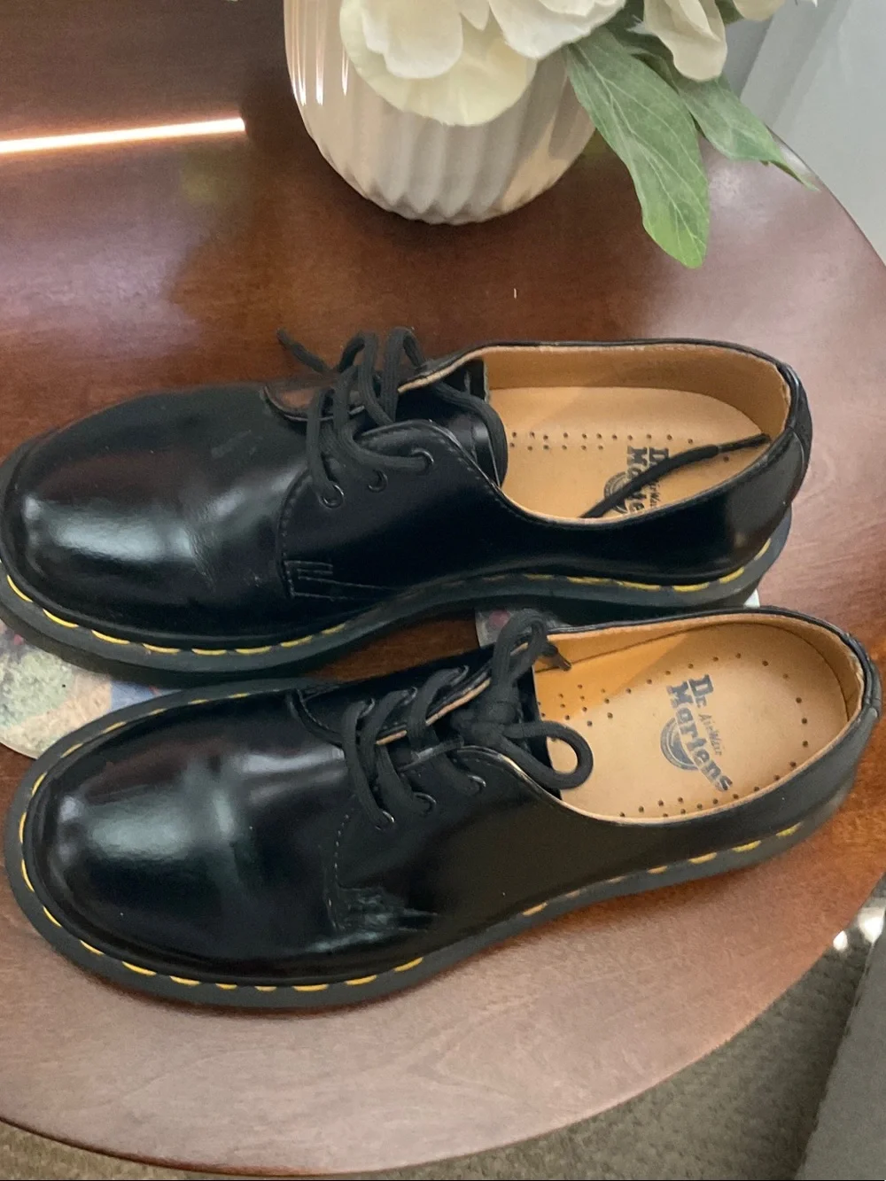 Dr. Martens Black Leather 3-Eye Derby with Yellow Stitching